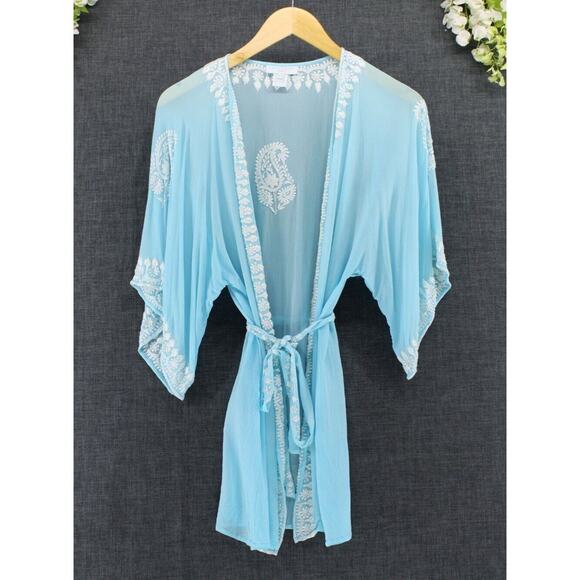 Elizabeth Hurley Beach Blue Aqua Embroidered Sheer Silk Resort Cover Up Sz S/M - Picture 1 of 5